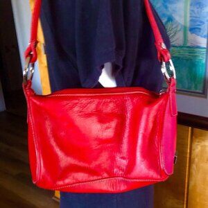 PERLINA NEW YORK~ Small Red Smooth Leather Hand Bag Purse ~Silvertone Hardware